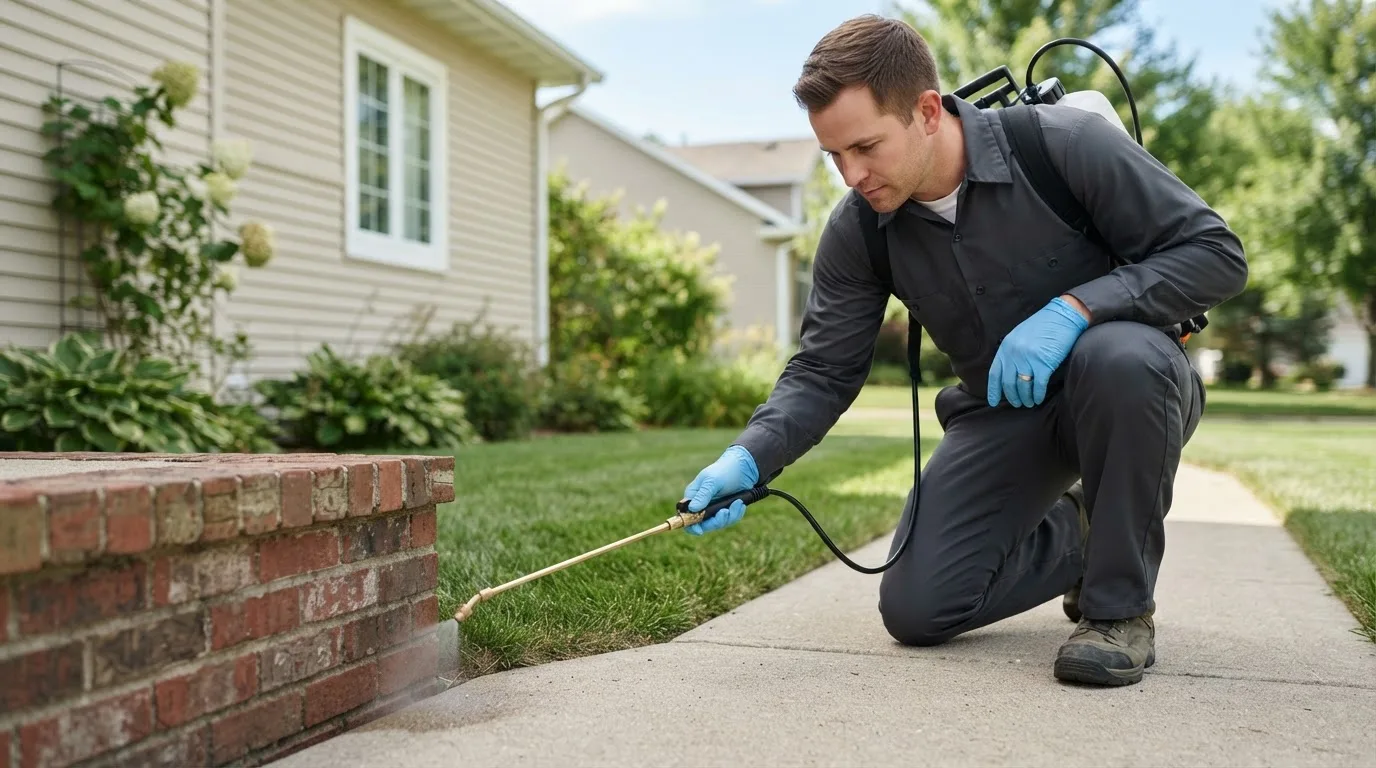 Pest control technician treating a home near South Solon, OH