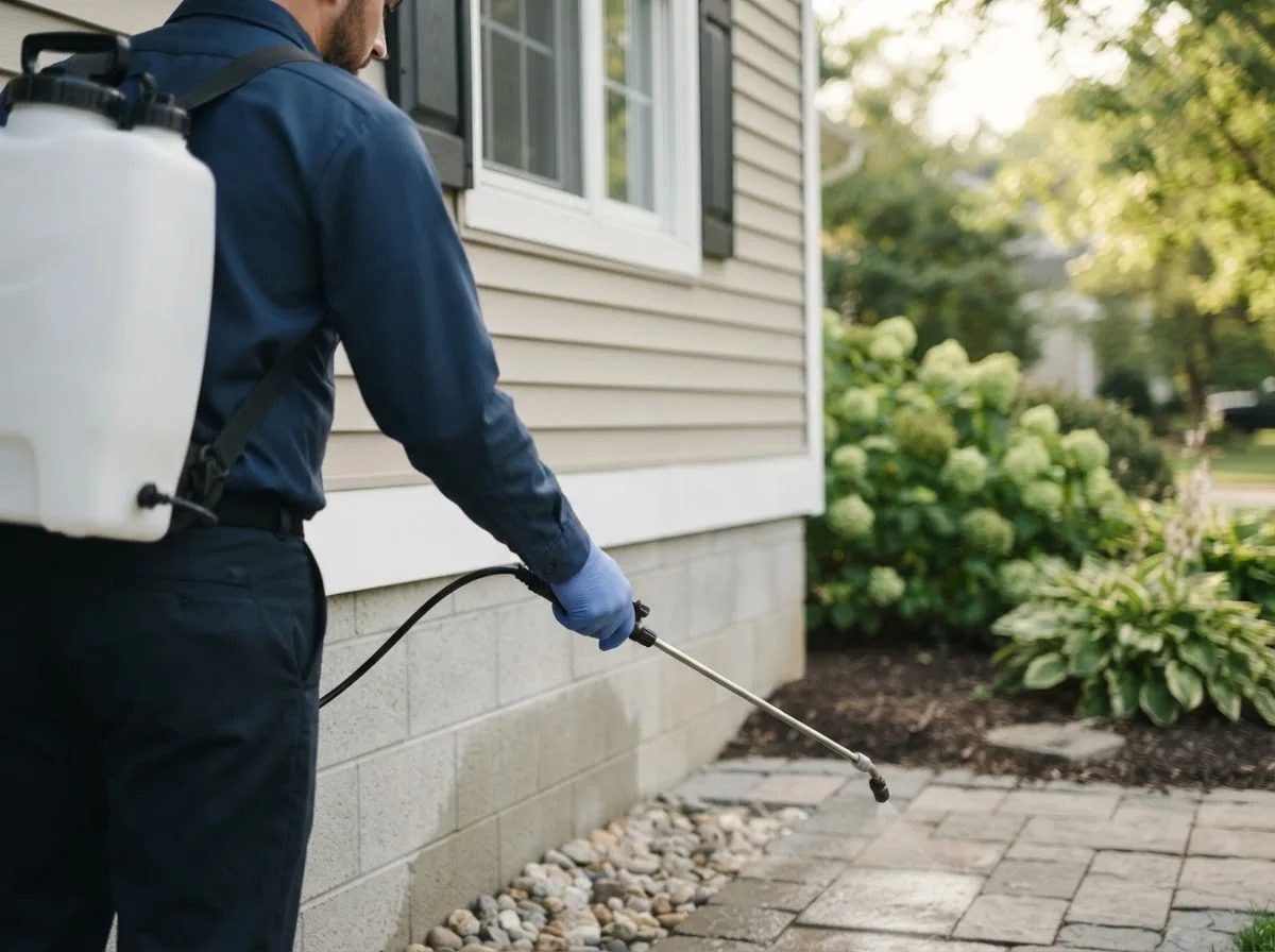 Pest control technician inspecting a home in South Solon, OH